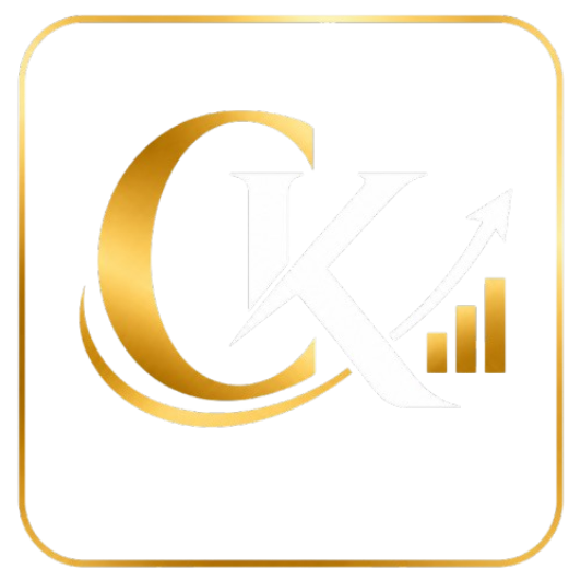 A stylized metallic gold logo featuring a large crescent-shaped letter 'C' intertwined with a subtle 'K', accented by curved swooshes and a three-bar growth graph on the right.