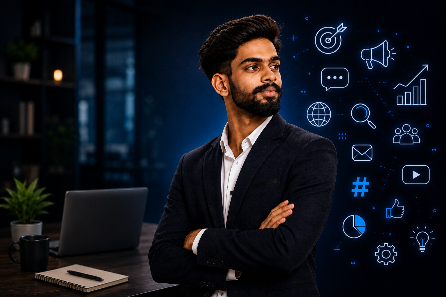 A professional young man in a black suit with folded arms standing in an office with digital marketing icons glowing in the background