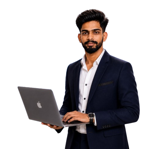 Professional digital marketing student holding a laptop, isolated on a transparent background.