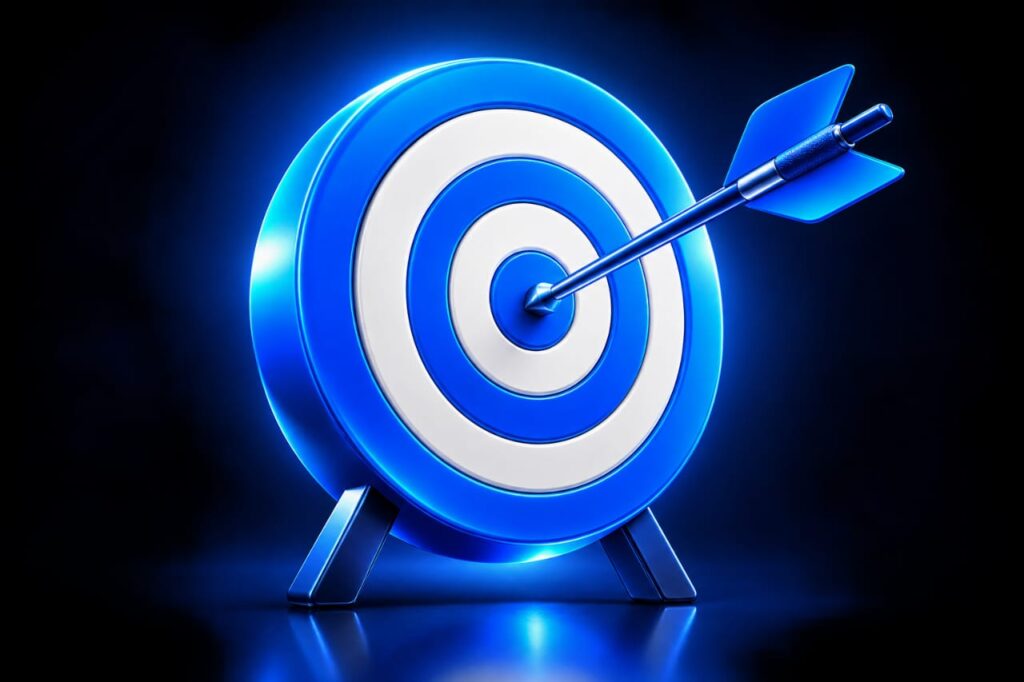 Blue 3D target with a dart hitting the bullseye, symbolizing career goals, growth, and success in digital marketing.