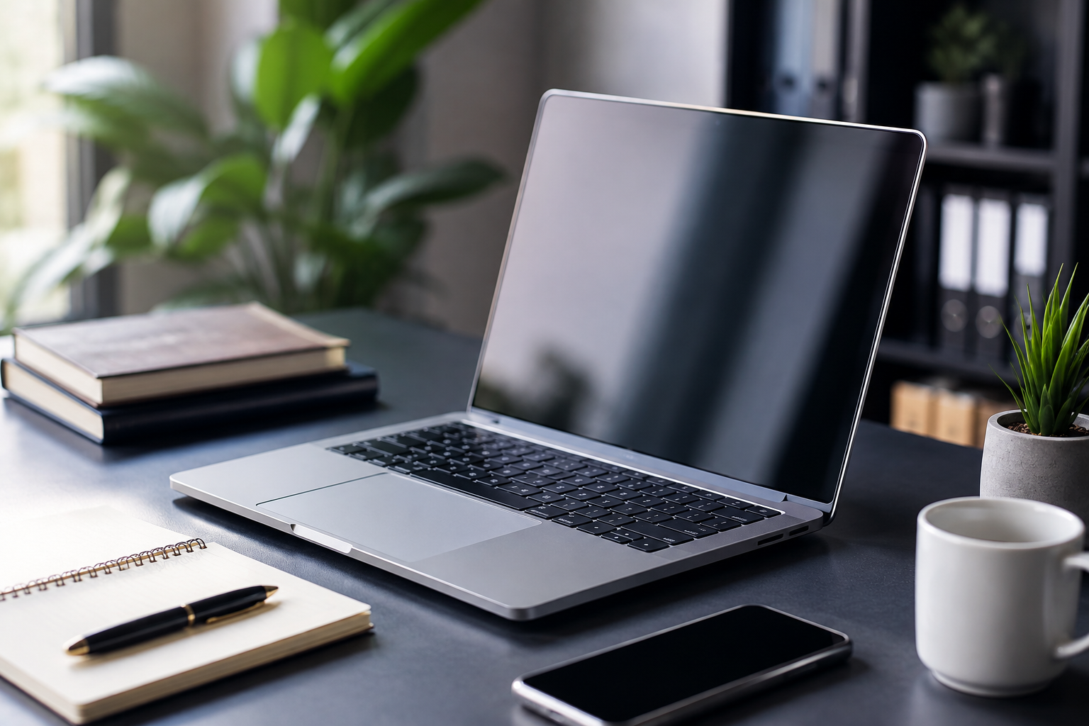 Digital marketing service workspace with laptop and office desk setup.